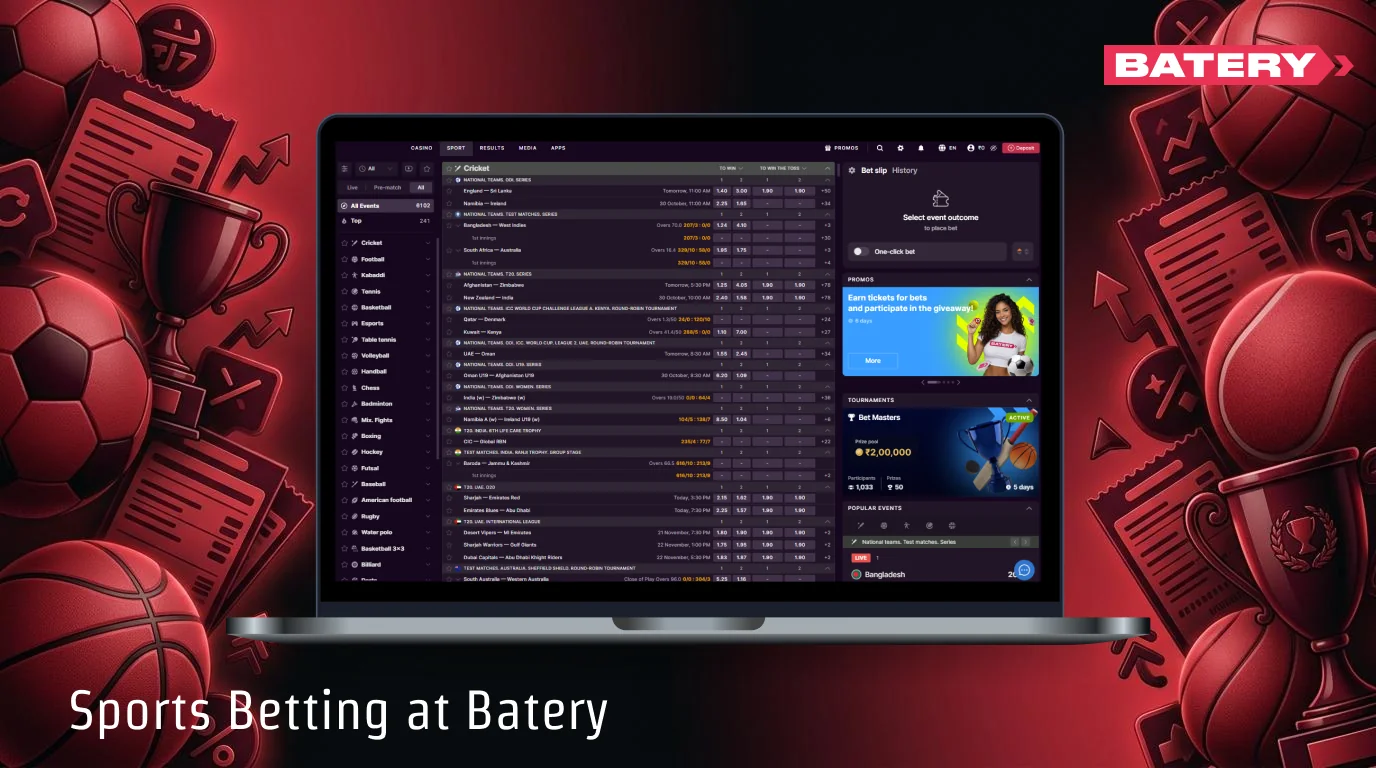 Batery Bet offers a variety of sports for players in India